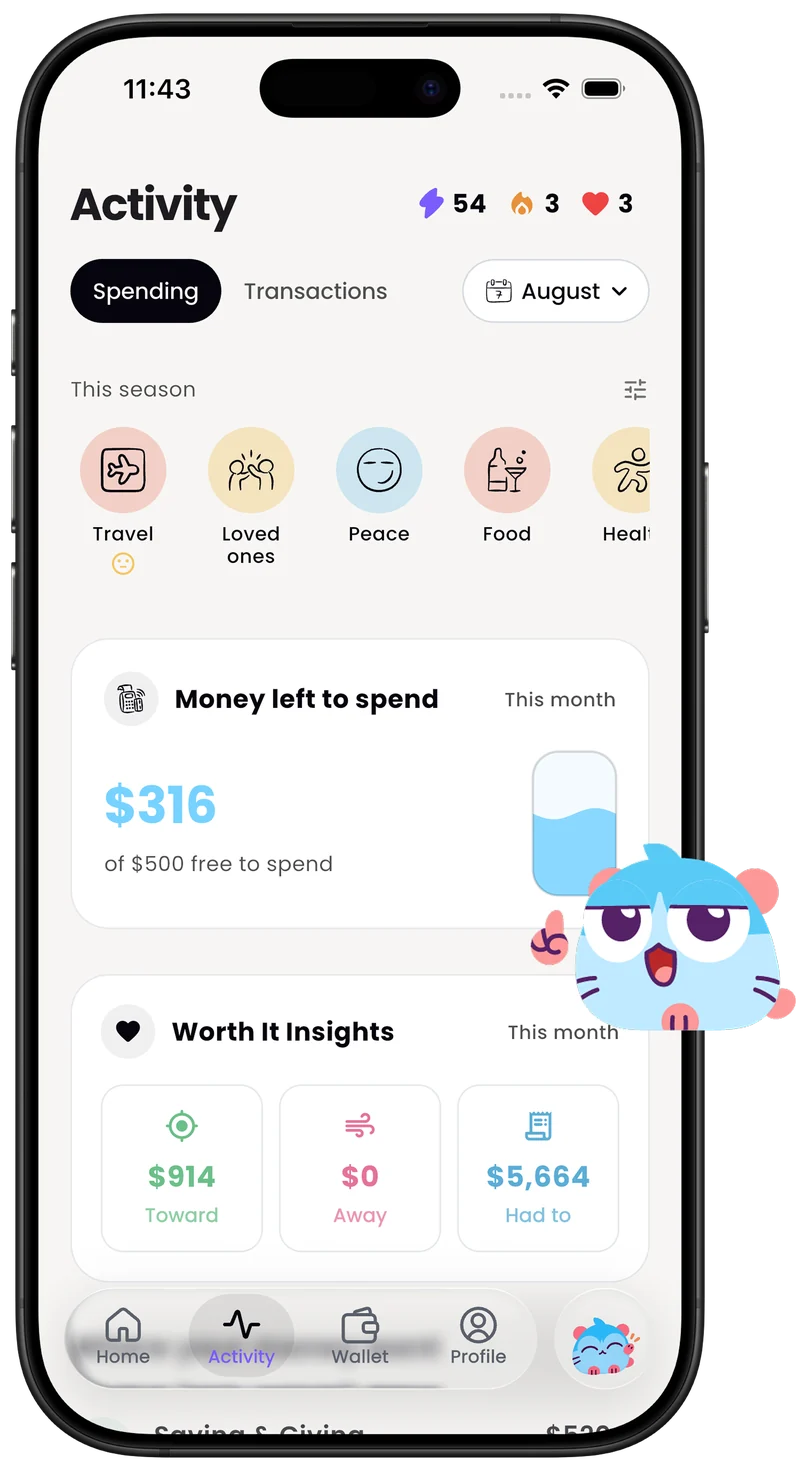 Activity screen showing life priorities and money left to spend